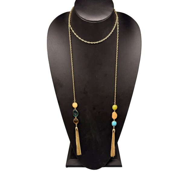 VTG Crystal Faux Stones Tassel Chain One Long Strand Lariat Necklace - Picture 2 of 7